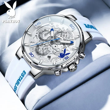 PLAYBOY Fashion Top Brand Luxury Silicone Sport Watch Quartz Date Waterproof Wristwatch Chronograph Mens Watches